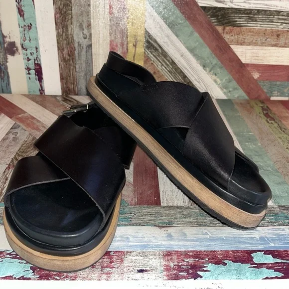 ALOHAS Marshmallow Black Leather Crossover Slingback Sandals - Picture 1 of 9